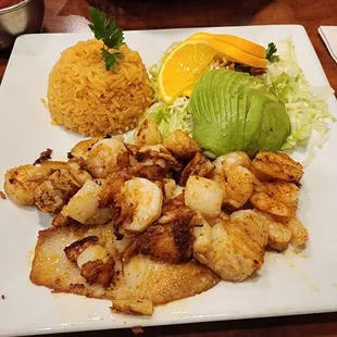 Los Cabos Seafood: grilled tilapia, scallops, shrimp; rice, avocado salad