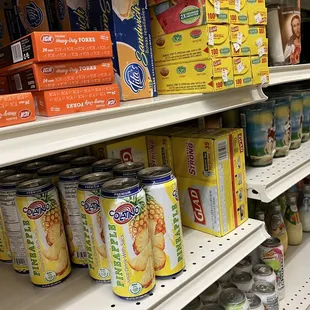 a shelf of canned food