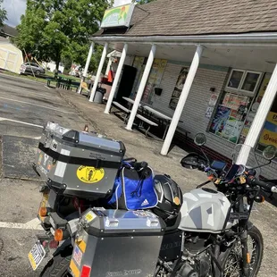 a motorcycle parked in front of a store