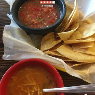 Complimentary fresh salsa &amp; chips, small bowl of fideo soup. Served during lunch time