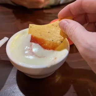 How I eat the chips...dip in salsa then in cheese dip. Perfect bite