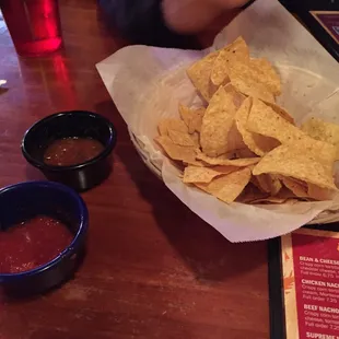 Complimentary chips and salsa! Hot and mild.