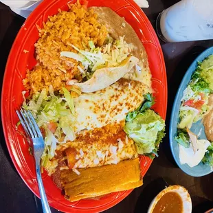 3 Combination Plate One cheese enchilada, one beef taco, one chile relleno, one pork tamale, served with beans, rice and guacamole.
