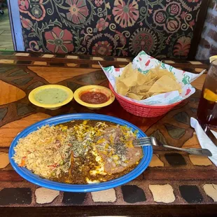Cheese &amp; onion enchilada plate Tomatillo salsa &amp; regular salsa with chips