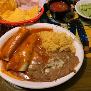 Dinner combination 8- beef enchilada, tamale, rice and beans