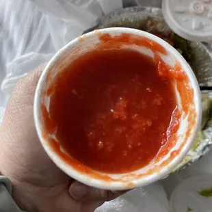 Pure crushed tomatoes, no onions, no peppers...(if they have another salsa...order that instead of this). Very bland...seriously.