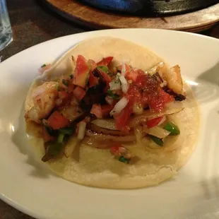 Shrimp fajita on corn tortilla