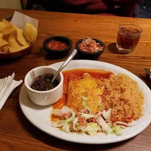 Cheese Enchiladas, side of rice and black beans.