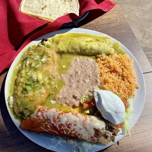 (1) Chile Relleno and (2) Enchiladas plate [half red/half green sauce]