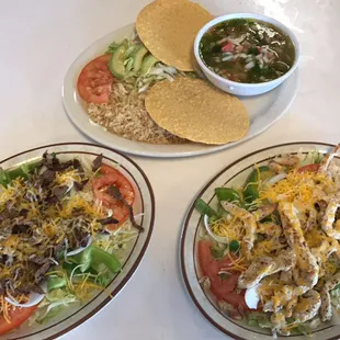 Grilled salad steak or chicken and chicken soup