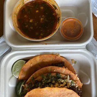 Quesabirria tacos (3) with consome and salsa