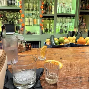 My guava margarita that's empty and a shot of aged tequila