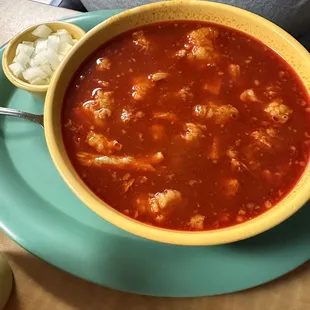 This is the large bowl of Menudo before the onions, cilantro, jalapeños.