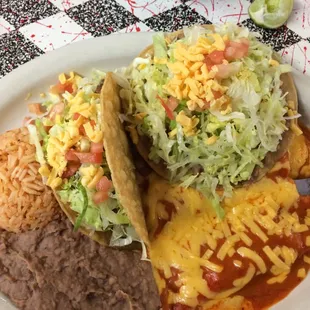 Combo plate with corn tortillas and freshly made salsa.