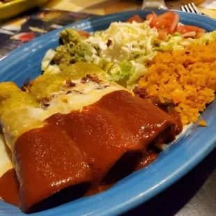 The enchiladas that come with one of each filling.  Had corn tortillas which I don't recall seeing in the description;  I prefer flour.