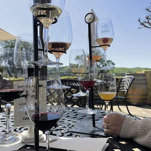 a table with several glasses of wine