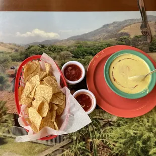 Chips, Queso (Salsa added) and Salsa
