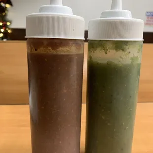Red chile asado salsa and fresh green chile salsa- both delicious!