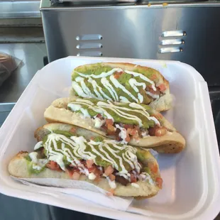 3 bacon wrapped hot dogs with all the toppings! You can also add chorizo, nacho cheese, or onions!