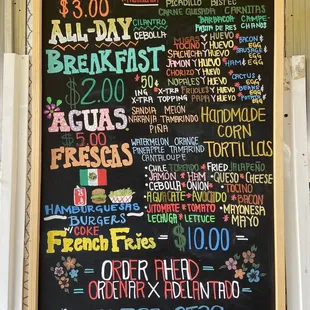 a menu on a blackboard