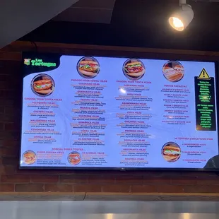 a menu on a large screen