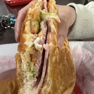 a person holding a sandwich