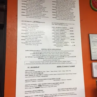 a menu on a wall