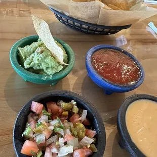 Trio dip of queso cheese, zesty pico, and guacamole. Complimentary salsa and chips