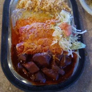 Las Trancas&apos; Combination Meal #4. Enchilada, relleno, taco, and delicious carne adovada. Superb dish.