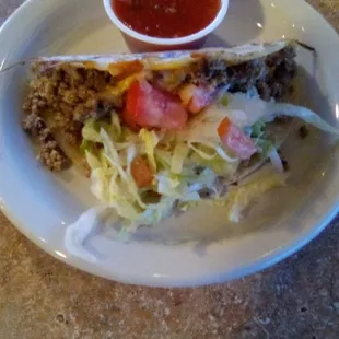 Las Trancas&apos; taco with combination meal. Quite good for a ground beef taco.