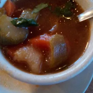 A cup of Albondigas Soup accompanies your combination meal at Las Trancas. The soup is very flavorful.