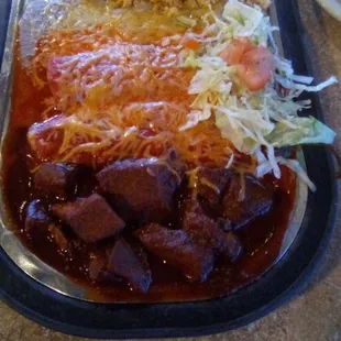 Las Trancas&apos; Combo # 4. Albondigas soup, Chile Relleno, taco, enchilada, carne adovada, rice, and beans. Wow!