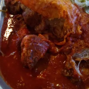 Large pieces of carne adovada inside the stuffed sopapilla at Las Trancas. Delicious.