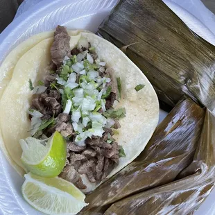 Carne Asada Taco, Pork Tamale, Chicken Tamale