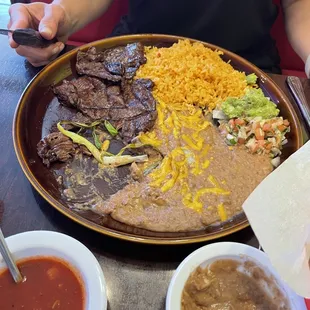 Carne Asada, beans and rice