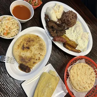 Típico la tuna plate, pupusa revuelta, and tamal de elote