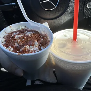 Elote in a cup con todo and Large Tejuino con nieve de limon.