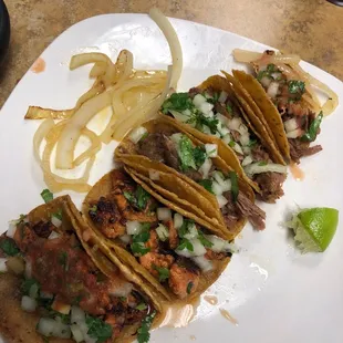 Five tacos: Al pastor and carnitas