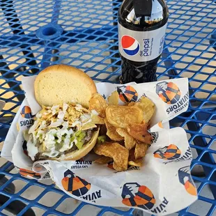 Albuquerque Green Chile Hatch Burger with Potato Chips &amp; a Diet Pepsi!
