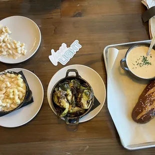Mac &amp; Cheese, very yummy Brussels, and a plate of beer cheese fondue  with pretzel  bread!!