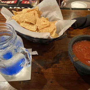 Chips, salsa, and a complimentary water ($3 for chips and salsa)