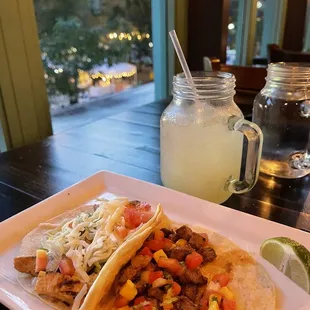 Mango Filet Taco, Chicken street taco, lemonade