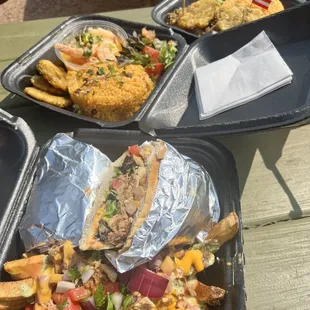 El cacique, shrimp combo and jibarito sliders