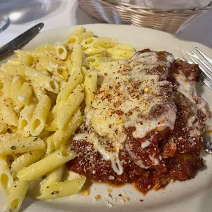 Chicken parm with gluten free pasta with cream sauce