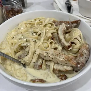 Fettuccine Alfredo with breaded chicken