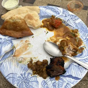 Samosa, naan, chicken tikka masala, chicken korma, lamb kebab, chickpeas