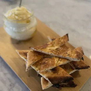 pita chips on a cutting board