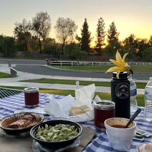 Perfect takeout food for a park picnic - lasagna, chicken pesto, minestrone soup, bread.