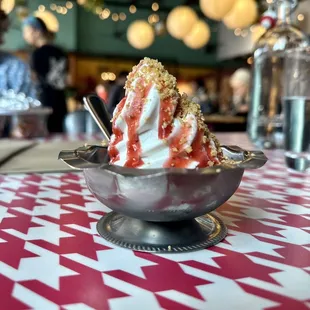 Soft serve with strawberry-rhubarb syrup