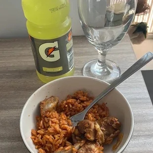 Breakfast after a great night! Leftovers for the win! Jollof and Gatorade is the cure apparently